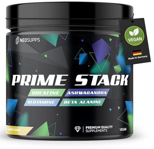 NEOSUPPS Prime Stack Lemon Candy, Trainings Supplement mit Creatin, Glutamin, Beta Alanin & Ashwagandha, Multi Aminosäuren Pulver, Unterstützung von Muskelaufbau, Regeneration & Leistungssteigerung