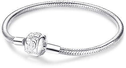 Symretie Pulsera de Plata de Ley 925 para Mujer, Pulsera de Eslabones Serpiente de la Colección Pandora Moments, Compatible con Dijes, Adecuada para Mujeres y Niñas.（la rosa blanca 17CM）