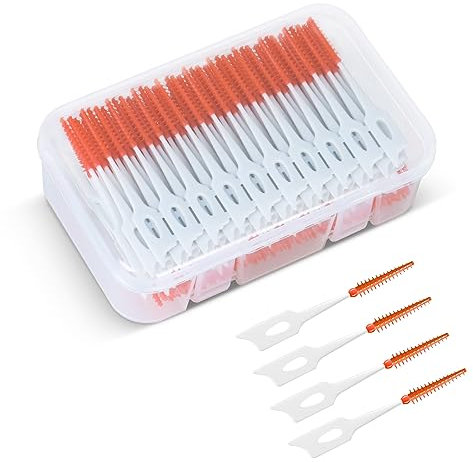 Interdentalbürsten mit doppeltem Verwendungszweck, 200 Wisdom Interdentalbürsten mit Tasche, Zahnseide für Zahnspangen, Mundreinigung, Zahnstocher-Reinigungswerkzeug (Orange Rot)