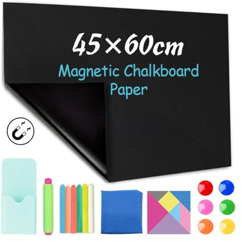 CHMMY Tafelfolie Magnetisch Selbstklebend, 45 x 60cm, Self-Adhesive Blackboard Film, Kreidetafel Abwischbar, 6 Dustless Chalk, 6 Magneten, Tuch, Tangram, Kreidehalter, Magnetischem Stifthalter