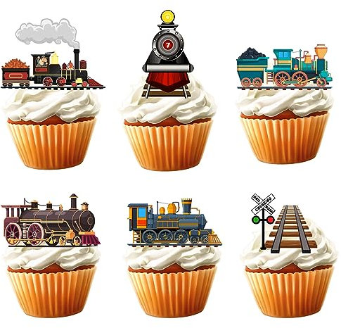 18pcs Vintage Train Cupcake Toppers for Boys Girls Chugga Chugga Two Two Trains Party Supplies Decorations Glitter Steam Train Happy Birthday Cake Decorations