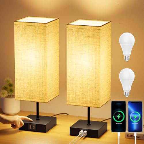 FANSANMY Nachttischlampe 2er set, Nachttischlampe Touch Dimmbar mit 2 USB-Schnellladeanschlüssen, 3 Farbtemperaturen und Stufenloser Dimmung, 2 E27 6W Glühbirnen für Schlafzimmer, Wohnzimmer, Büro