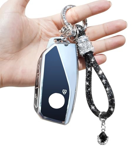 Yumzeco BMW-D-Black-Bling 4 Tasten Silicone TPU Autoschlüssel Hülle Cover mit glänzendem Diamant Schlüsselband, Kompatibel mit BMW 2 3 5 7er X1 X4 X5 X6 X7 i4 i7, Auto Keyless Schutzhülle-Schwarz