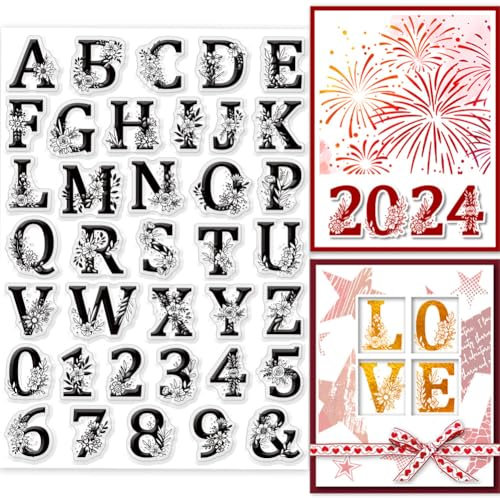 GLOBLELAND Buchstaben Und Zahlen Transparente Stempel für Scrapbooking 5.8x8.3 Zoll Klare Stamps Blumen Silikonstempel Für Kartengestaltung DIY Prägung Journaling