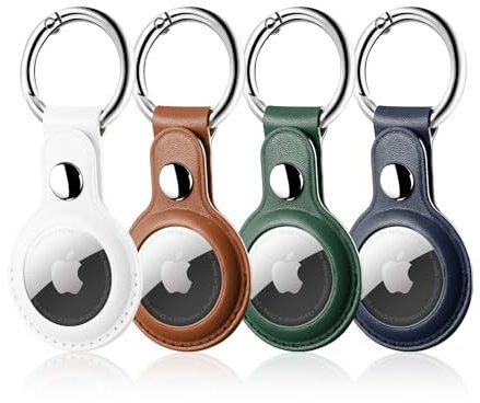 LETREEN 4er Pack Kompatibel mit Apple AirTag Anhänger, Leder Airtag Hülle mit Schlüsselanhänger (Dunkelblau/Grün/Braun/Weiß)