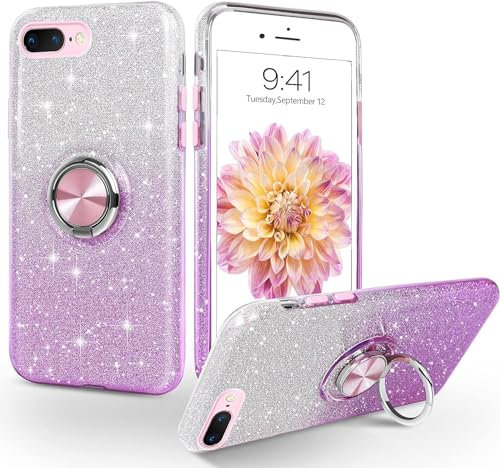 MOBISTAR® Bling Glitter Case for iPhone 7 Plus / 8 Plus 5.5'' - Sparkly Slim with 360° Ring Holder Kickstand Support Magnetic Car Mount Protective Cover (Purple)