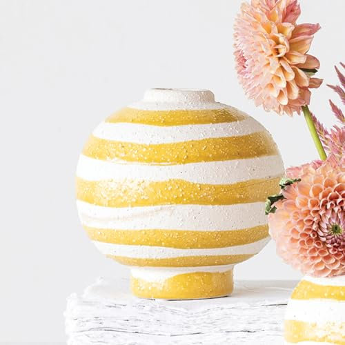 Creative Co-Op Große gestreifte Steingut-Vase mit Kugelform und Fußboden, Gelb und Weiß