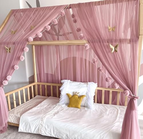 Baby Fancyroom Ciel de lit de Maison, décoration pour Chambre d'enfant, lit d'enfant, baldaquin, Guirlande de Pompons en Tulle de qualité supérieure (Vieux Rose, 340cm, +5 Papillons Dores)