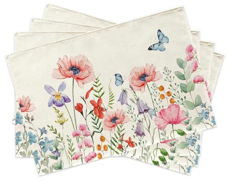 4er-Set Tischsets Platzsets Abwaschbar Platzdeckchen Stoff Leinen Tisch Platzset Schmetterling Blume Tischset Table Placemats Tischuntersetzer Tischunterlage Esstisch für Esstisch Tisch Party 30x45cm