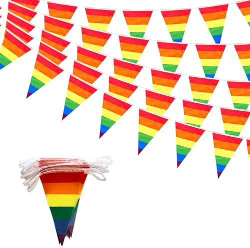 40 Stück Progress Pride Wimpel Flaggen Banner, 32.8ft/10m Gay LGBTQ Regenbogen Pride Banner Flagge, Bunte Streifen Wimpelkette Banner für Stolzdekorationen, Stolzmonat, Party Regenbogenflagge