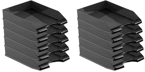 Acan Tradineur - Pack de 10 bandejas de Oficina apilables, plástico, Organizador Documentos A4, revistas, folletos, sobremesa, Escritorio, Fabricado en España (Negro - 35 x 25,5 x 6,5 cm)