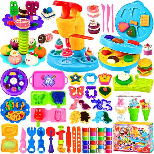 NLMWTI 24 Pots Pâte à Modeler, 98 Pièces Accessoire Pate a Modeler pour Enfants, Machine à Glace Machine à Burger Pâte À Modeler Cadeau de Jouet pour Enfant dès 3 Ans