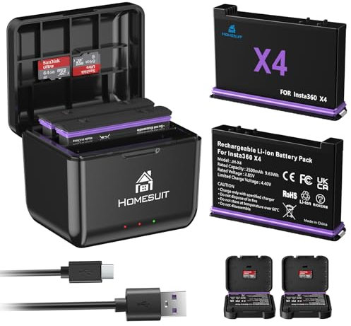 Homesuit Insta 360 X4 Akku 2500mAh und Schnelles 3-Kanal USB Ladegerät Kit Kompatibel mit Insta360 X4 Action Kamera Zubehör mit Misro SD Kartensteckplätzen (2er-Pack)