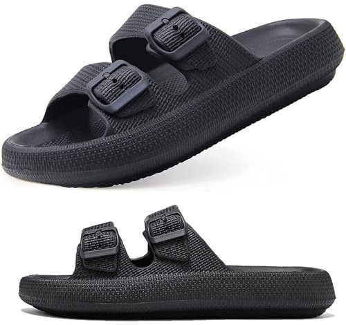 VEXITO Chanclas Hebilla Mujer Ajustables Zapatillas Casa Hombre Hombre Comodas Pantuflas Suaves Antideslizantes Piscina Sandalias Verano De Estar Goma Eva Negro Talla 40-41