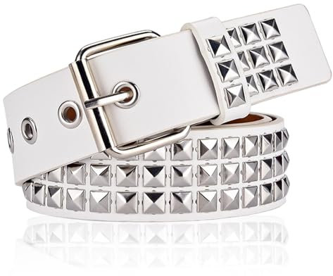 UILYNIU Nietengürtel Rock Nieten Gürtel PU Leder Punk Gürtel mit Hellen Pyramiden-Nieten,Rock Punk Gothic Ledergürtel Pyramidennietengürtel Für Jeanshosen Rockwear Damen/Herren (Weiß)