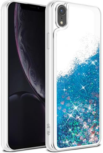 Qiinogow Case Compatible with iPhone XR, Glitter Case with Quicksand Flowing Liquid, Clear Transparent TPU Gel Silicone ShockProof Protective Phone Cover,Blue