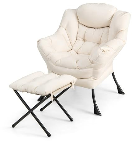 HOMASIS Relaxsessel gepolstert mit Hocker, Ohrensessel mit Armlehnen & Kopfkissen, Lesesessel mit Seitentasche, belastbar bis 150 kg, Fernsehsessel für Wohnzimmer Schlafzimmer Büro (Beige)