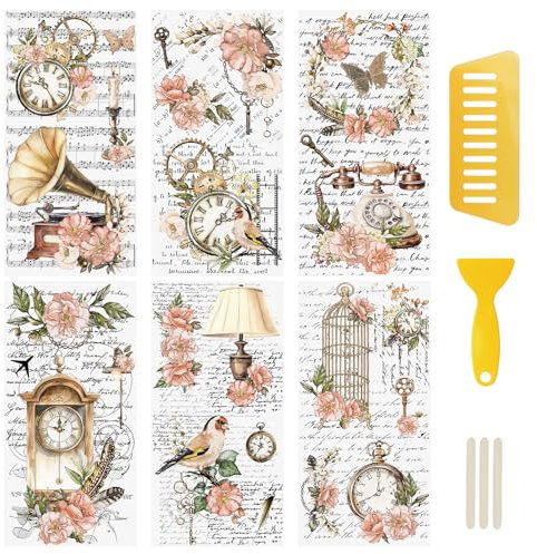 WANDIC 6 Blatt Transfer-Aufkleber, Retro-Thema, Blumen-Aufkleber für DIY, Scrapbooking, Fotoalben, Möbel, 15 x 30 cm