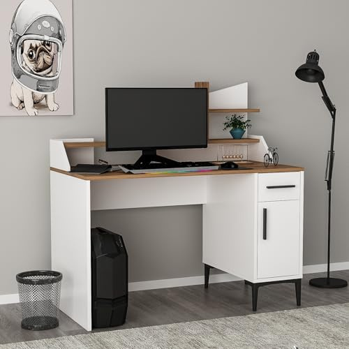 Homidea Zeta Computertisch - Schreibstisch - Frisiertisch mit Regale - Ablagen im modernen Design für Home Office und Kinderzimmer (Zeta - Weiß/Eiche)