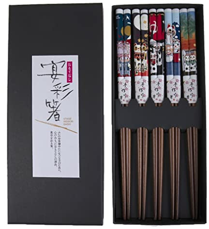 lachineuse Coffret Baguettes Japonaises Maneki Neko - 5 Paires Chat Porte-Bonheur Japonais - Coloris Bois - Chopsticks - Sushi, Ramen, Nouilles & Riz - Cadeau Cuisine Asiatique Chinoise