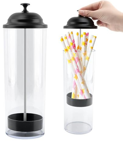 10.6 Inch Straw Dispenser with Lid Black, Plastic Straw Holder for Counter, Drinking Straw Organizer Container Transparent Straw Holder for Most Straws