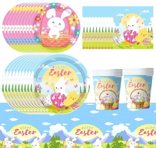 51 pcs Easter Party Tableware Set，Easter Egg and Rabbit Table Decorations，Kids Birthday Party Tableware Set，Easter Party Supplies Plates Paper Napkins Tablecloth