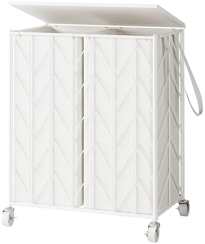 WOWLIVE Double Laundry Hamper with Lid, Rolling Laundry Basket with Wheels | Heavy Duty Wire Clothes Hamper with Divided Removable Bags, Large Iron-Made Laundry Sorter Laundry Room Organization, White