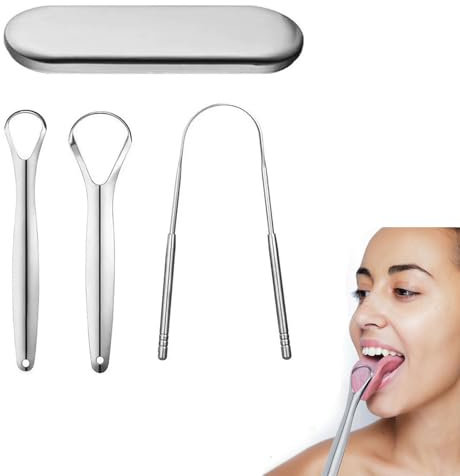SculifyVita Gratte-Langue avec Étui, 3 in 1 set - Racloir à Langue en Acier Inoxydable Premium pour Adultes - Brosse Langue, Nettoyeur et Lave-Langue pour Hygiène Buccale et Haleine Fraîche
