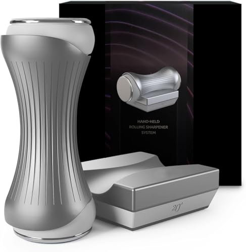 Affilacoltelli Professionale a Rotazione con 4 Angolo Regolabile/Offre 15° 18° 20° 25°/4 Dischi per Affilatura Pietra Sostituibili/Lucidatura/Cucina/Base Antiscivolo/Manico Ergonomico/Coltelli Dritti