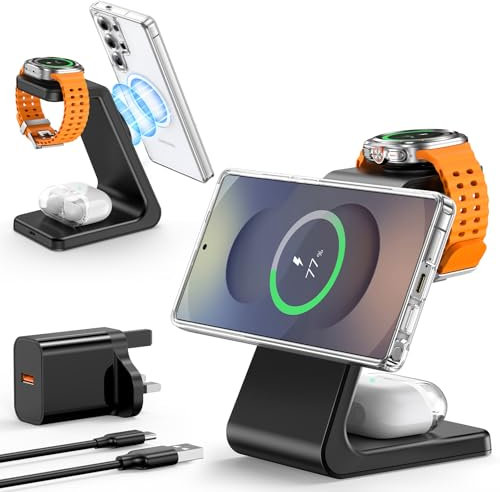 Magnetic Wireless Charger Design for Samsung Galaxy S25 Ultra/S24/S23/Z Fold/Flip 7/6/5, 3 in 1 Mag-Safe Charging Station Stand, Galaxy Watch Charger for Ultra8/7/6/5/4, Galaxy Buds