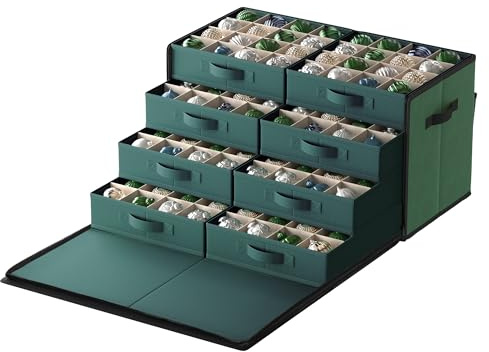 SONGMICS Large Christmas Decoration Storage Box, with Side Open, Stackable Christmas Storage Container with Lid, 8 Drawer Trays, 600D Oxford, 7.6 cm 128 Slots, Forest Green RFB038C01
