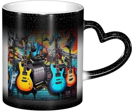 XKBFKLKMC Ceramic Coffee Mug Guitar Painting Color Changing Mug 11oz, Ceramic Coffee Mug Heat Sensitive Cup, Funny Coffee Cups with Heart Handle Women,Men Kid,Family,Friends(Gift Box)