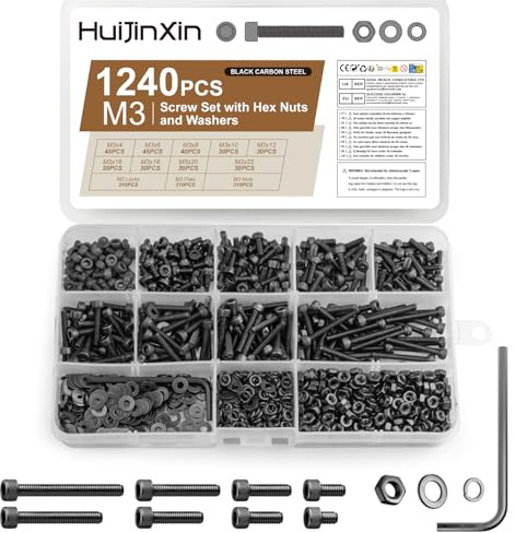 1240 Pcs M3 Screws, Nuts and Bolts Set, Hex Socket Head Cap Bolts and Nuts Set, Black Machine Screws Assorted with Lock and Flat Washers Assortment (1240, M3)