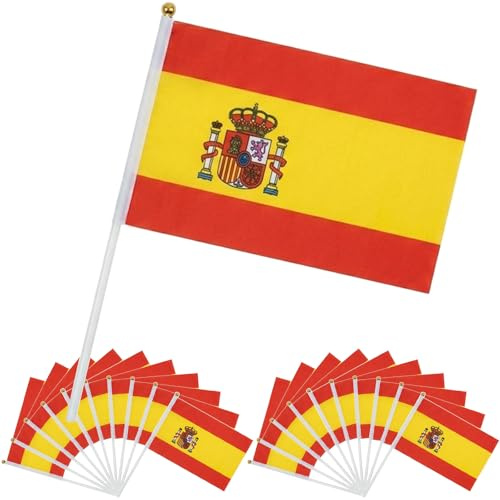 YESAH 20P Bandera de Mano de España para Copa Mundial,14 * 21cm, Banderas Españolas con Asta, Bandera Española de Poliéster para Partidos de Fútbol, Manifestaciones, Festivales y Fiestas Nacionales