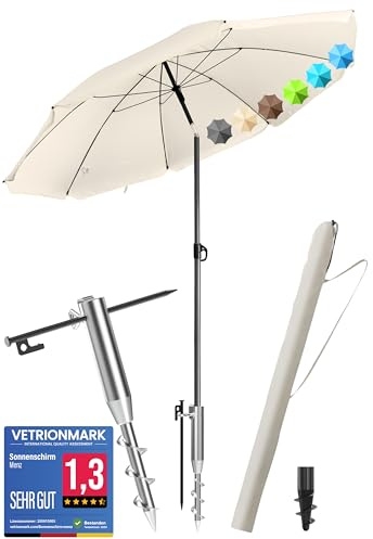 4smile Sonnenschirm Strand SET mit Eindrehbodenhülse, Ø 180 cm, Beige | Strandschirm Windfest Stabil mit Schirmhülle & Eindrehbodenhülse, Gartenschirm mit Bodendübel, UV Schutz 50+