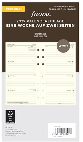 Filofax Kalendereinlage Personal 1 Woche auf 2 Seiten cotton cream deutsch 2027