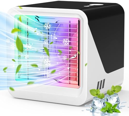 Aire Acondicionado Portátil, Ventilador Portátil Sin Tubo Exterior 500 ml, 3 Velocidades de Ventilación Silenciosa y de bajo Consumo, Pequeño Ventilador Personal ideal para Dormitorios y Oficinas