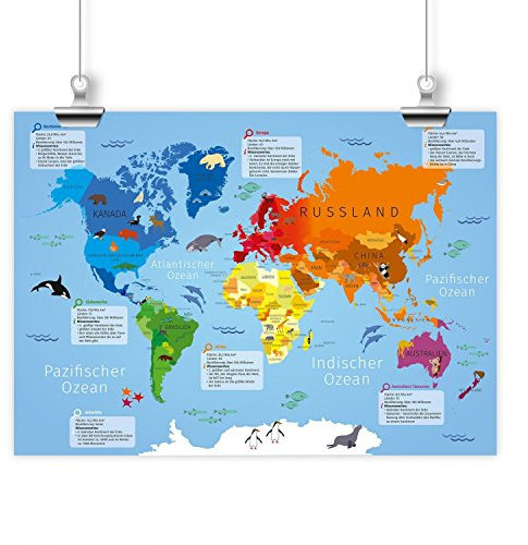 Kinder Lernposter Weltkarte - Plakat für Kindergarten Schule Schulanfang Schuleintritt Einschulung Kinderzimmer Deko Wandbild - Größe DIN A1-841 x 594 mm
