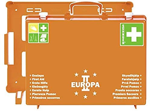 Söhngen Erste-Hilfe-Koffer EUROPA II orange (Erste-Hilfe-Kasten + Unterteilung; + Wandbefestigung; gefüllt; + Wundverbände + Rettungsdecke; 20 Jahre sterile Verpackung) 03001357