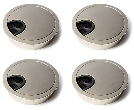 sossai® Kabeldurchführung/Kabeldurchlass/Schreibtischkanal mit Bürste für Schreibtische, Büro & Arbeitsplatten | 4 Stück | KDM1-GS | Design: Gebürsteter Stahl | Durchmesser: 80 mm | Material: Metall
