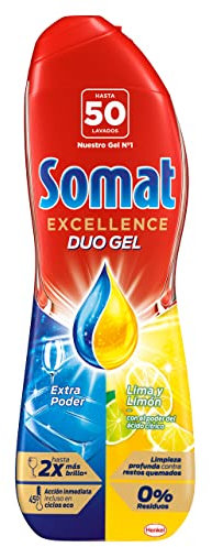 Somat Excellence Gel Lima y Limón (50 lavados), detergente lavavajillas desengrasante, lavavajilla líquido automático en botella, jabón para platos que elimina la suciedad incrustada