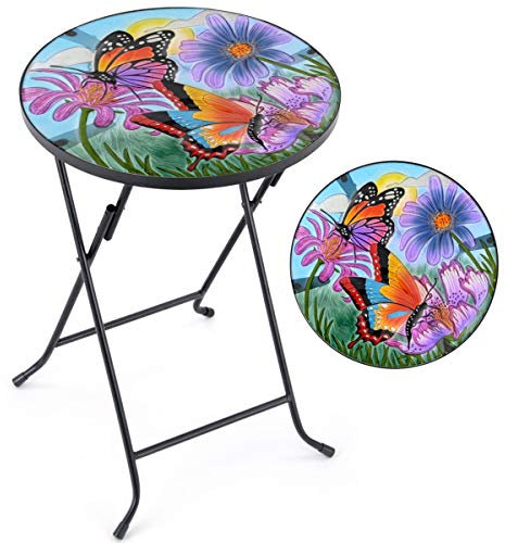 Bistro Table Glass Top Round Folding Garden Patio Decoration Plant Stand (Painted Butterfly)