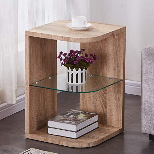 GOLDFAN Beistelltisch Rund Holz Klein Couchtisch Moderner Wohnzimmertisch Nachttisch Glas für Wohnzimmer Schlafzimmer, Hellbraun