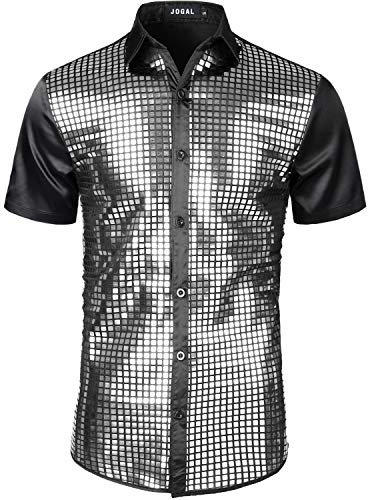 JOGAL Herren Pailletten Hemd 70er Kurzarm Disco Party Kostüm Large SchwarzSilber