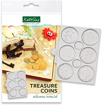 Katy Sue Treasure Coins Silicone Mould for Cake Decorating & Crafts for Fondant & Air Dry Clay. Makes 6 Large Coins 32 Millimetres Diameter & 2 Small Ones 16 Millimetres Fondant Moulds