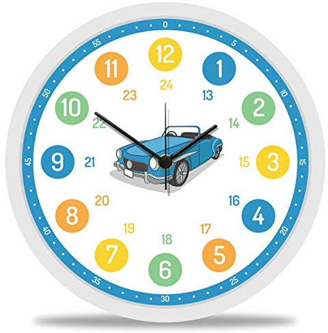 GRAVURZEILE Wanduhr Kinder Auto Motiv - Lautlose Kinderwanduhr geeignet für Jungen - Bunte Lernuhr für Kinder 30 cm - Einfaches Ablesen der Uhrzeit Lernen - Farbenfrohes Design