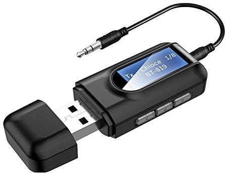 Bluetooth Adapter PC USB BT5.0, Bluetooth Transmitter tv Bluetooth Sender mit Display 3in1with 3.5 mm Audio Cable for MP3/MP4 Headphones HiFi Speaker Radio Car TV PC Laptop Tablet