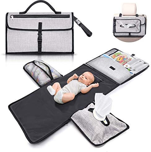 Wickelunterlage für unterwegs kompakte Wickelauflage XL - Kombinierbare abnehmbare Wickeltasche mit 6 Fächern, Tuchspender und bequemes Kissen für den Kopf Ihres Babys.