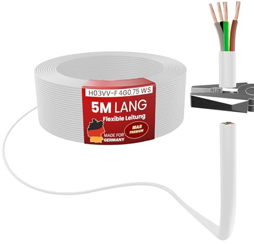 MAS Premium Von 5 bis 100m Kunststoffschlauchleitung H03VV-F 2X0,5, 2X0,75, 3G0,75 oder 4G0,75 Flexible Leitung Kabel Gerätekabel (H03VV-F 4G0,75 WS, 5m)