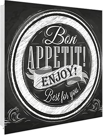 banjado Großer Schlüsselkasten Glas - Schlüsselbox 30x30cm mit 50 Haken - Schlüsselkasten modern für Schlüsselaufbewahrung mit beschreibbarer, magnetischer Glastür - Motiv Bon Appetit